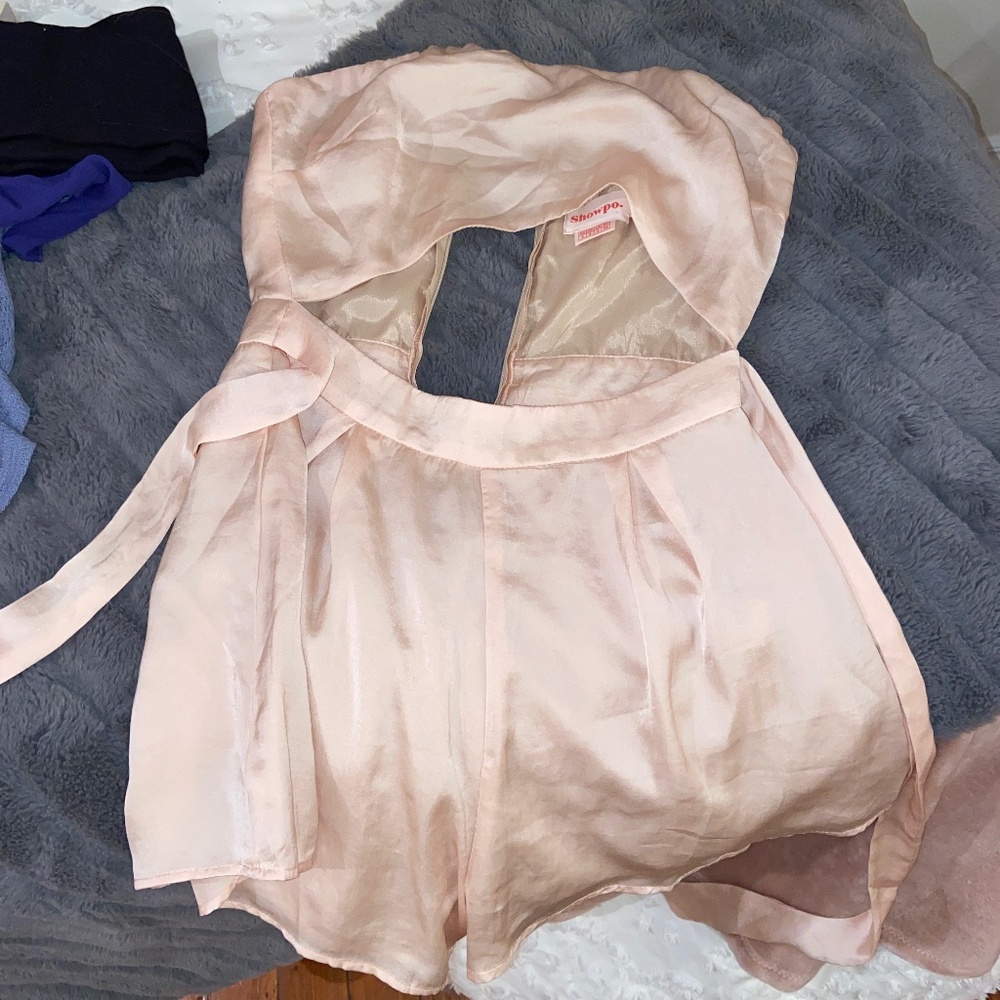 Showpo light pink satin strapless romper